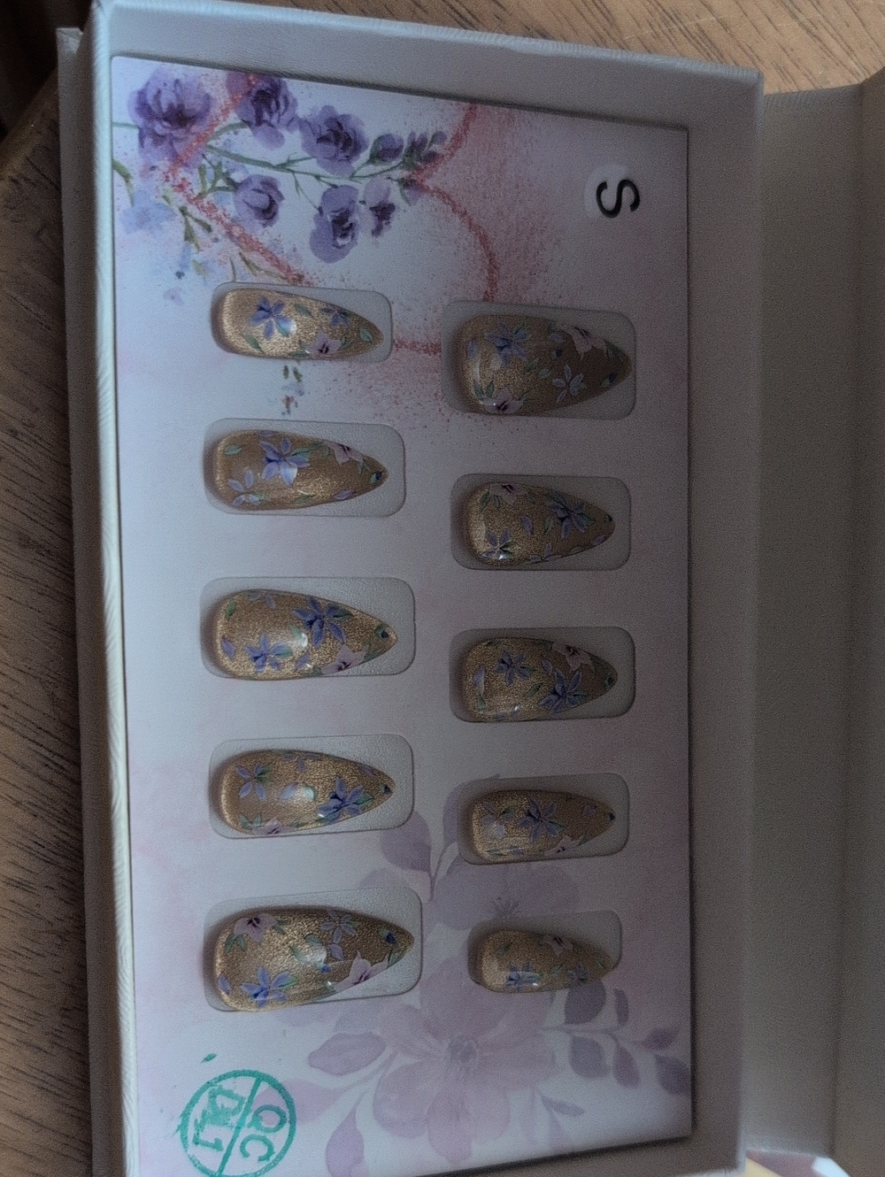 Gold Floral Press-On Nails with Purple Accents - Women